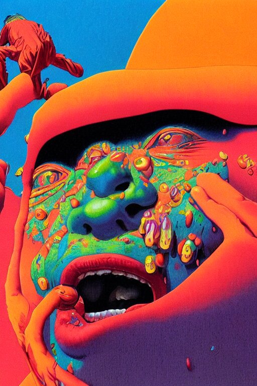 a colorful vibrant closeup portrait of Aerosmith licking a tab of LSD acid on his tongue and dreaming psychedelic hallucinations, by kawase hasui, moebius, Edward Hopper and James Gilleard, Zdzislaw Beksinski, Steven Outram colorful flat surreal design, hd, 8k, artstation