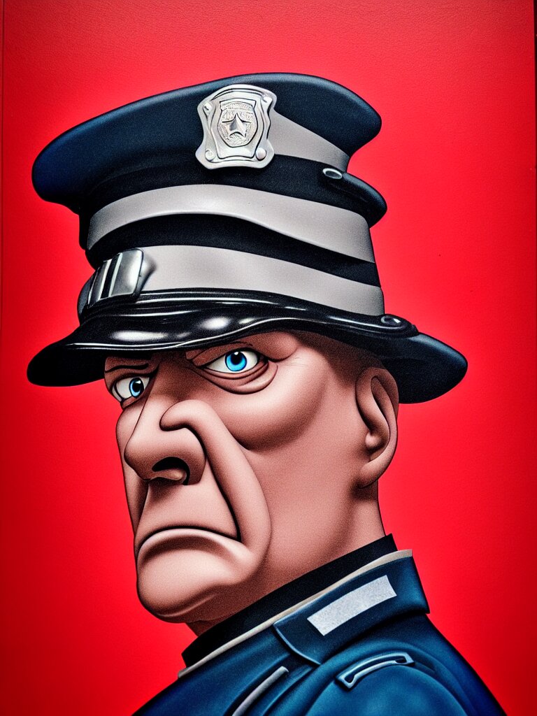 in pixar style, a perfect colour portrait of a policeman. his leathery squidlike skin is contracting rapidly and ripping. leaking pva glue from the fissures in his stressed, agonising skin. brightly lit studio lighting 