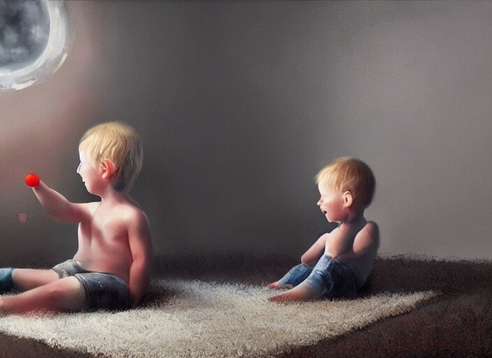 lonely toddler elon musk sitting on a shaggy rug playing with his little rockets, bedroom, realistic painting, beautiful soft lighting, istvan sandorfi 