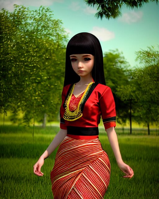 render as a very beautiful daz 3d anime manga girl, wearing assamese bihu mekhela sador gamosa dress, long shiny black hair, hazel eyes, full round face, short smile, assam landscape setting, sunny ambient diffused glow cinematic HDRI lighting, medium shot, mid-shot, highly detailed, daz studio genesis iray gorgeous, detailed  anatomically correct face!! anatomically correct hands!! amazing natural skin tone, ultra hd, trending on Artstation, Unreal Engine 4k, anime masterpiece, subsurface scattering