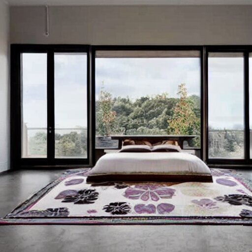 Bedroom with Minimalistic Art on the walls, white furniture, Multi colored Mandala Rug, big windows with sunlight coming in