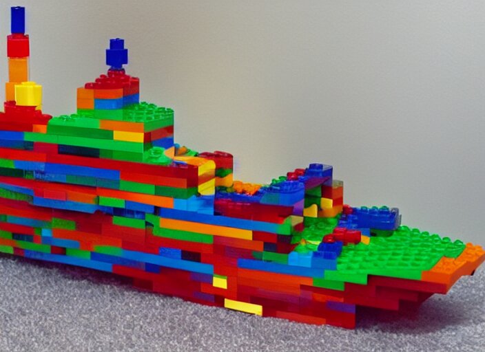 a real life-sized boat made out of translucent LEGO bricks.