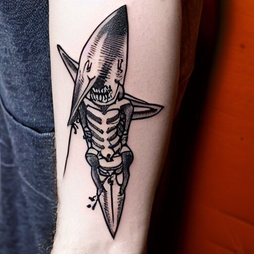 flash tattoo of skeleton riding rocket in the shape of shark, black and white by sailor jerry, curt montgomery, bangbangnyc, ryan ashley, killkenny 