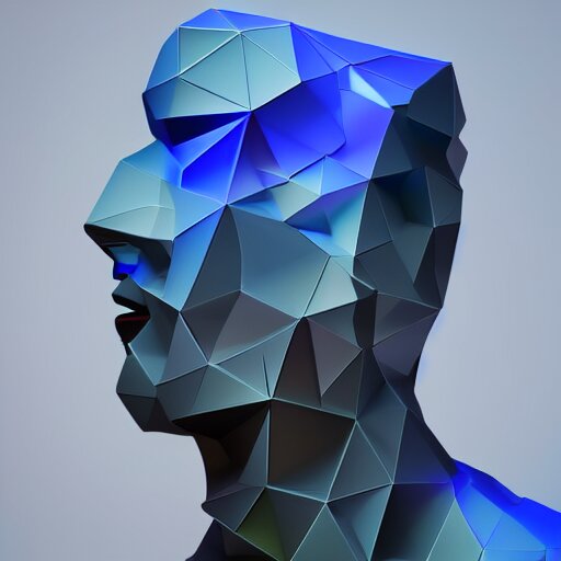 Rule of thirds. Badass. Cool. Neat. In the style of faceted glass geometric abstract art. 4k. HDR. Award-winning. Raytracing. Global illumination. Ambient occlusion. Blue color scheme. Octane render of a cool abstract geometric head forum avatar character. Futuristic. badass. interesting. intriguing. stylish. 