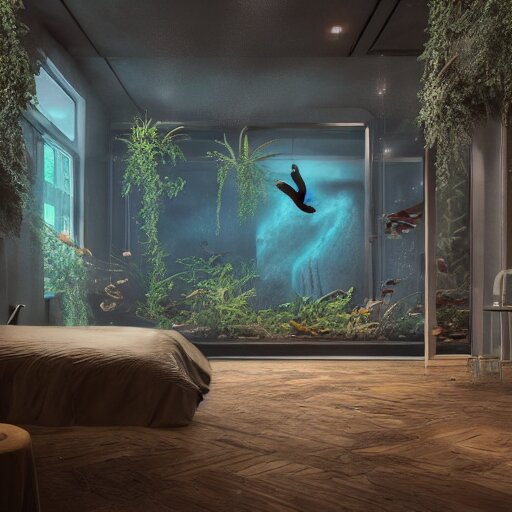 a spacious room with freshwater aquariums as walls, hyper realistic, ambient lighting, concept art, intricate, hyper detailed, smooth, dynamic volumetric lighting, octane, raytrace, cinematic, high quality, high resolution, 4 k, cgsociety, rutkowski, gurney 