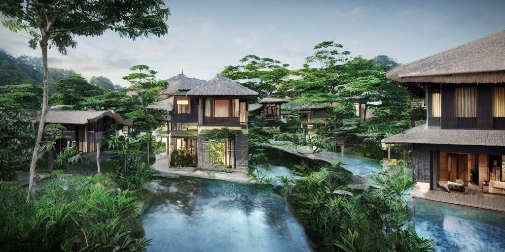 3d rendering  of beautiful nature meets architecture concept of a residential house. balinese architecture by Kengo Kuma, volumetric lighting, luxury, high detail, 14mm, cinematic photography, cg architects,  high resolution