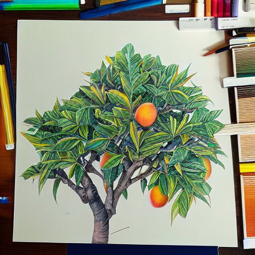  Colored pencil art on paper, Mango tree, highly detailed, artstation, MasterPiece, Award-Winning, Caran d'Ache Luminance