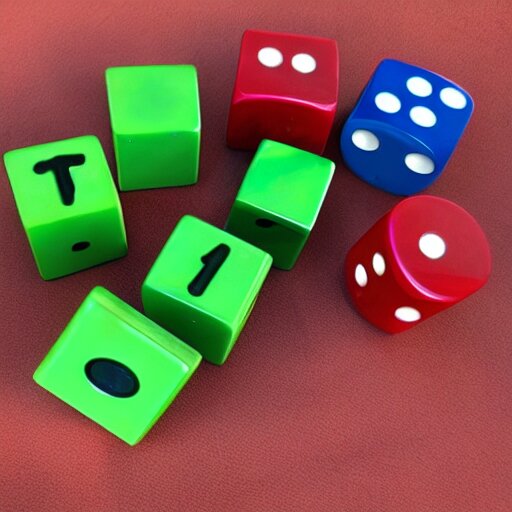 red dice on green dice on blue dice