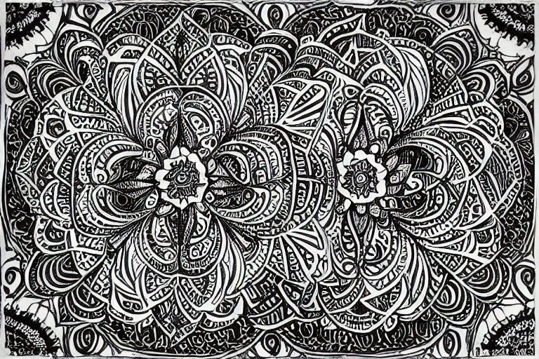 black and white sketch, mandala mandorla detailed design, intricate linework by junji ito