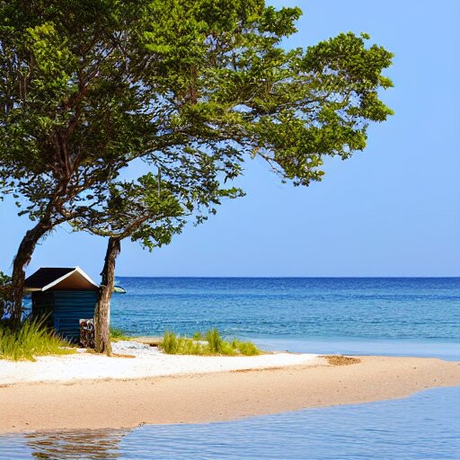 small house on an island beach, gentle waves 