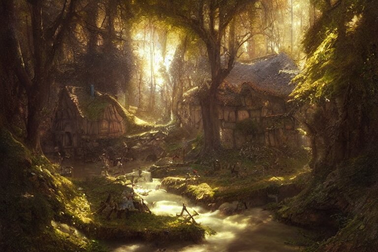 a medieval village with a stream in a forested valley by jessica rossier and brian froud cinematic painting 