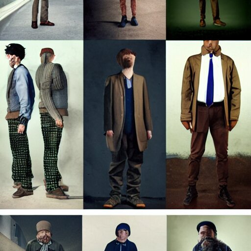 outlive smart casual collection lookbook grid, in the style of grand chamaco and stanley kubrick, inspired by rpg fantasy characters, photorealistic, epic, super technical, cinematic still 