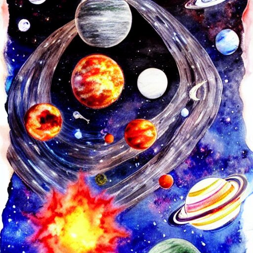 planets colliding, space, stars, sun, earth, planets, explosions, huge explosions in space, watercolor art 