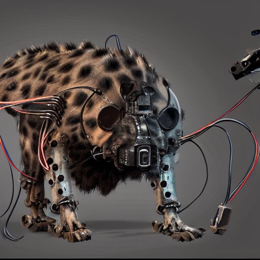 pet robot hyena, cyborg with exposed wires and metal, lights, camera lenses for eyes, realistic high quality concept art 