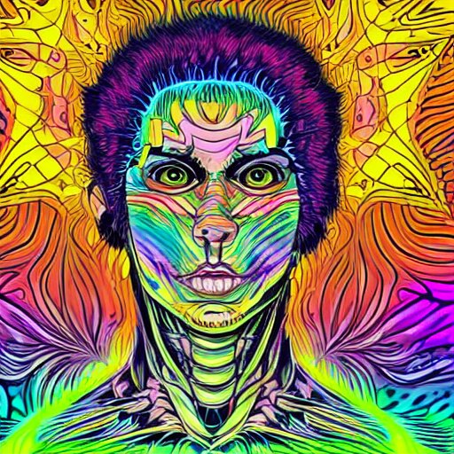 a psychedelic young godlike humanoid, hyper detailed, in the style of rutkowski and junji ito and bob ross and lisa frank, selfie 