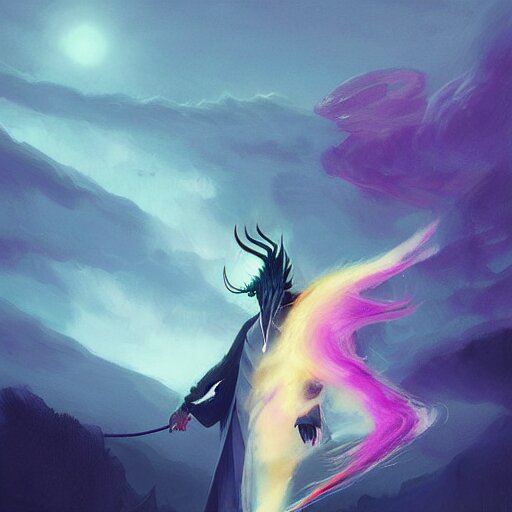 a slender wizard with horned mask levitating inside a wind twister colored like the rainbow, art by greg rutkowski, by ilya kuvshinov, digital art, artstation, detailed, realistic, long hair 