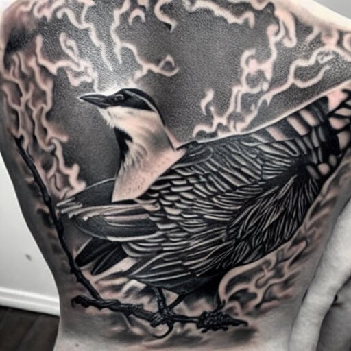 back piece tattoo of a magpie flared out holding a pennant in it's claws, high detail 