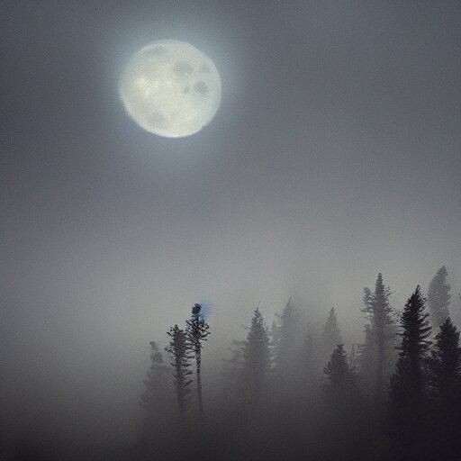 tattoo of owl flying at night through fog in the forest lit by the full moon 