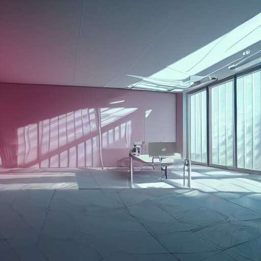 a white empty pink office with sun rays looming down, with a pool inside, dynamic lighting, photorealistic concept art, trending on art station, stunning visuals, creative, cinematic, ultra detailed, ray tracing 