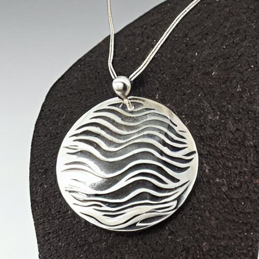 amulet of wave inlaid in silver on a young beautiful woman neck, realistic, 