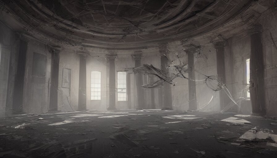 abandoned capitol with cobwebs, dusty dirty floor, collapsed ceiling, flying dust particles, light through, hyperdetailed, artstation, cgsociety, 8 k 