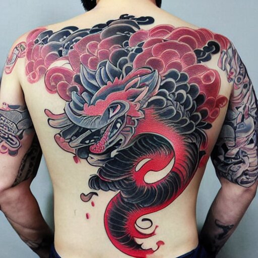 photograph of a Japanese back tattoo, colourful ink, traditional Japanese pattern depicting a werewolf, highly-detailed, beautiful, award winning, 8k