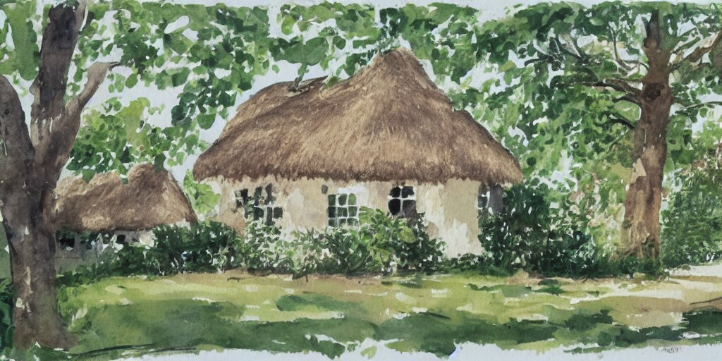 old thatched cottage with a front garden among the trees, watercolor 