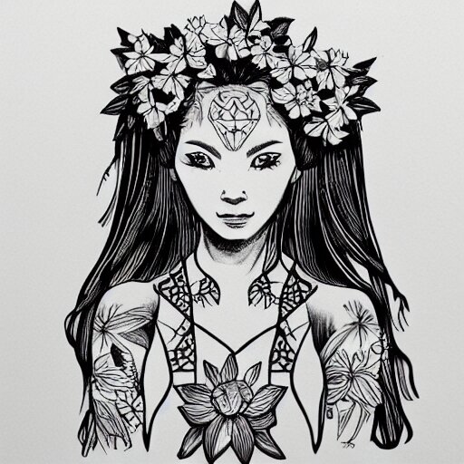 tattoo design, stencil, stencil on paper, tattoo stencil, traditional, beautiful portrait of a traditional Hawaiian girl with flowers in her hair, upper body, by artgerm, artgerm, artgerm, digital art, cat girl, anime eyes, anime, sexy, super model-s 100