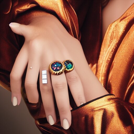 complex golden ring with cameo and gems on the female model hand with bust with a cyberpunk style, 8k, details