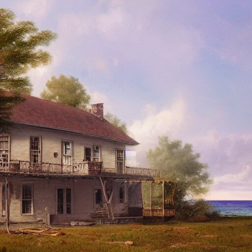 colonial house on the shore of Lake Huron, felix Kelly, artstation, Matte painting