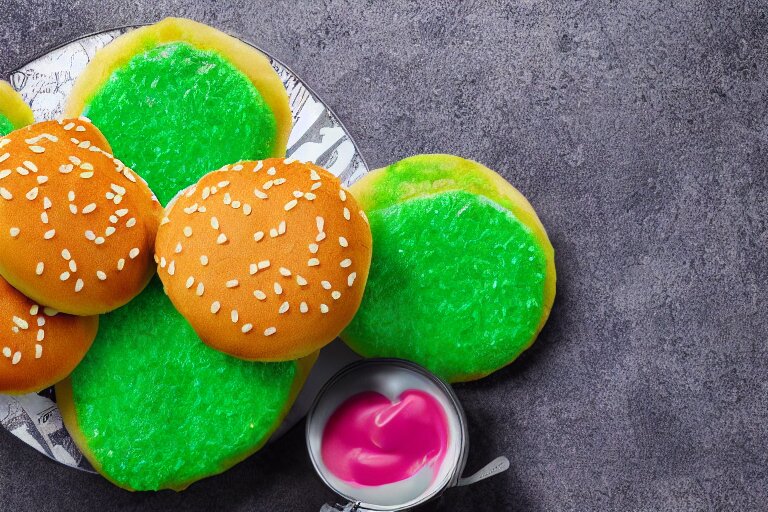 mcdonalds colorful pattys between buns, commercial photograph taken on table 