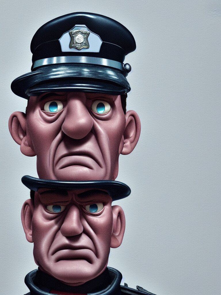 in pixar style, a perfect colour portrait of a policeman. his leathery squidlike skin is contracting rapidly and ripping. leaking pva glue from the fissures in his stressed, agonising skin. brightly lit studio lighting 