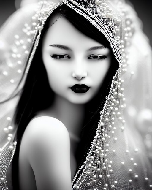 black and white dreamy young beautiful veiled female artificial intelligence, realistic pearl ornament in the face, long hair are intricate with highly detailed realistic pearls, cinematic, rim light, bokeh, photo - realistic, elegant, high detail, 8 k, masterpiece, photo taken in 1 9 3 0 