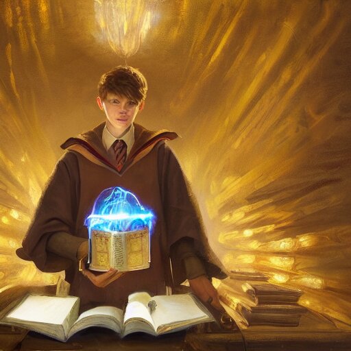 an oil painting of a portrait of a handsome hogwarts boy in hufflepuff holding glowing magic books, fairy tale, dreamy light, by wlop, greg rutkowski, thomas kinkade, super detailed, 3 d, hdr on, 4 k wallpaper 