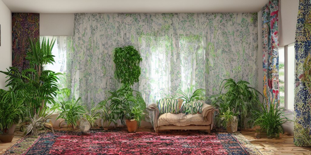 1 9 6 9 living in an older house, hippie pad, hippie chic, antiques, tropical houseplants, beaded curtains, posters on the walls, persian rugs, artstation, v - ray render, 8 k 