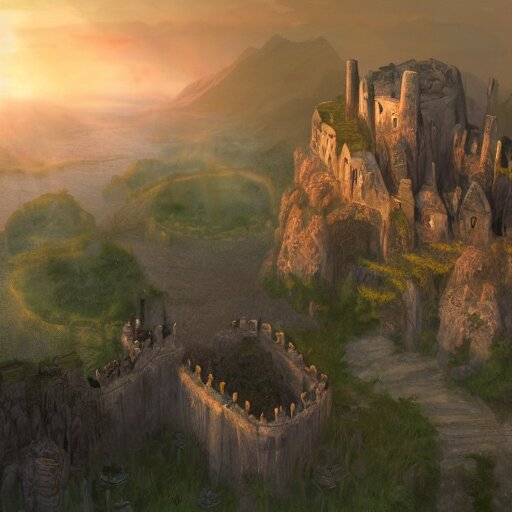 overhead RPG battlemap of a stone fort sitting above a swamp in the sunset, dramatic lighting by alan lee by peter mohrbacher, trending on artstation sharp focus vfx key shot