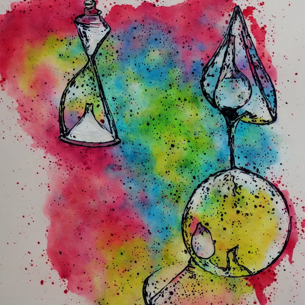 Splatter watercolor drawing of the hourglass of time