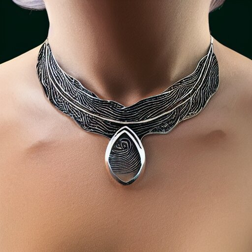 amulet of wave inlaid in silver, on a young beautiful woman neck, realistic, clean, 