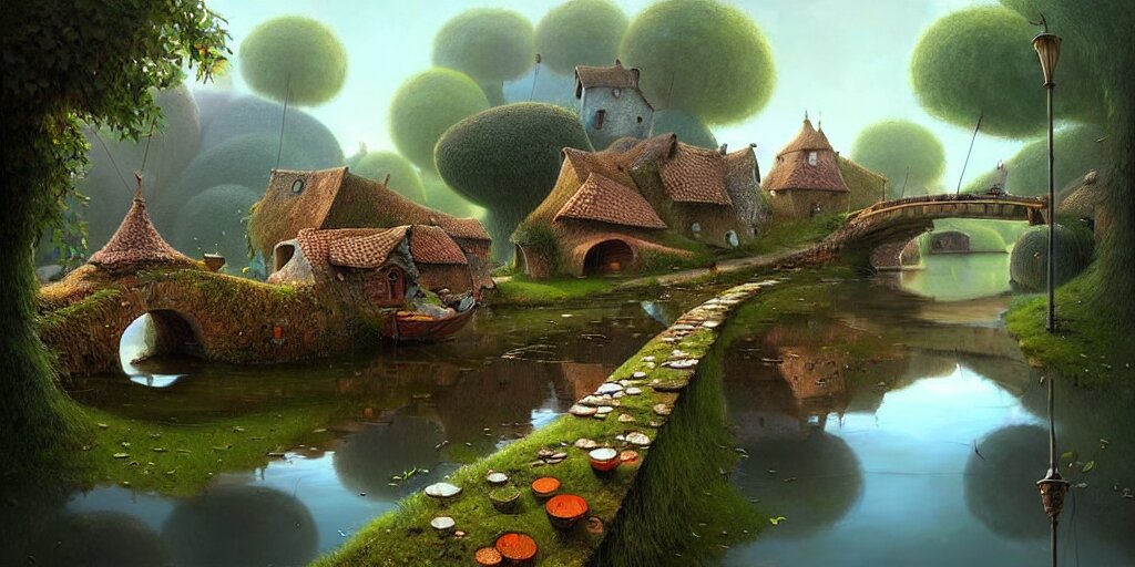  amazing detailed village with a river, water, reflection, stone bridge, art by Yohann Schepacz, art by Gediminas Pranckevicius, art by Esao Andrews