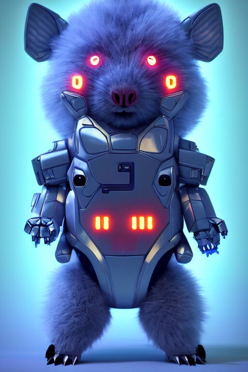 high quality 3 d render sci - fi very cute mecha & fluffy! wombat!! hybrid! fighting, highly detailed, unreal engine cinematic smooth, in the style of blade runner & detective pikachu, hannah yata charlie immer, dark blue neon light, low angle, uhd 8 k, sharp focus 