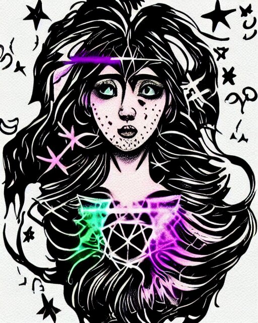 “a beautiful tattoo design with a vaporwave theme featuring a ghostly female face, an alchemical symbol, winamp ui and tiny kawaii stars. fine line tattoo design with white background.”