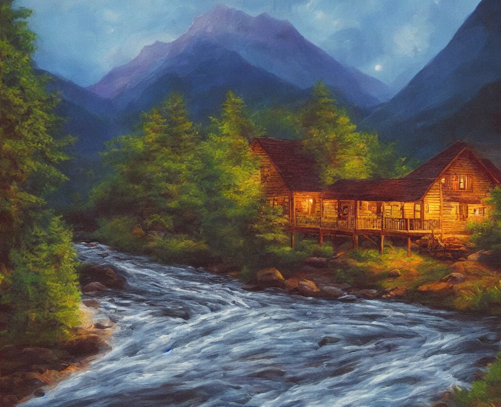 a river running past a cozy cabin in mountain side, night, heavy rain, colorful, classic painting, award winning, highly detailed 