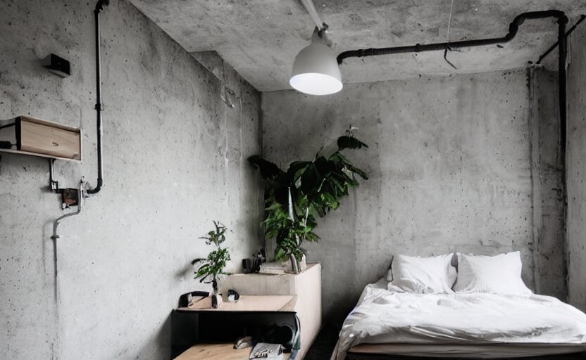 berlin style compact bedroom interior, concrete, punk design, bed, neon lights, modernism, white, beige, black, minimalism, blackboard, industrial, pipes, little windows, plants 