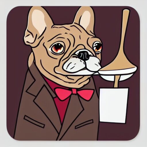 sticker art of a french bulldog in a suit eating a candy bar with a fork and knife at a fancy restaurant by ed roth 