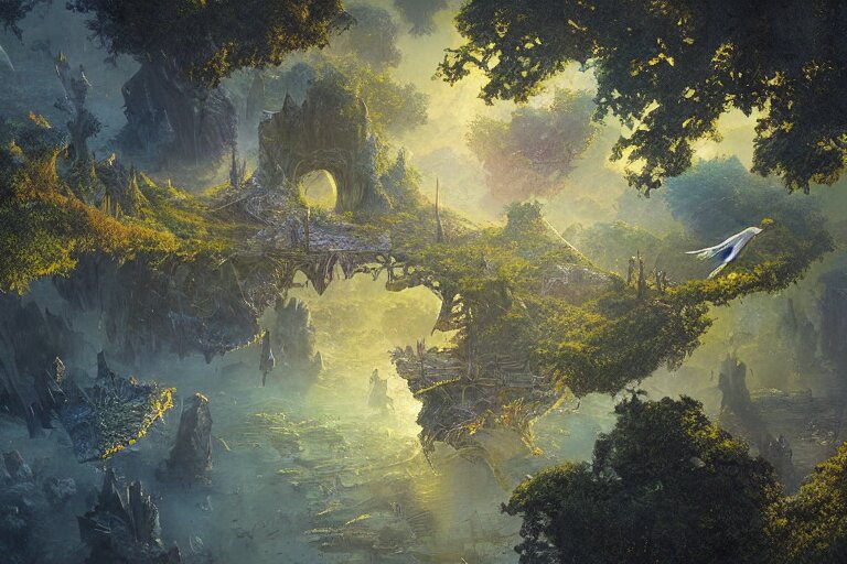 aerial view, fantasy painting, dungeons and dragons, a faerie village hovels, swamp reeds wetland marsh sunset estuary, with ominous shadows, an egret by jessica rossier and brian froud cinematic painting 