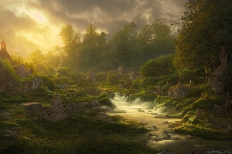 a medieval celtic village with a stream in a forested valley, sunset with ominous shadows by jessica rossier and brian froud cinematic painting 