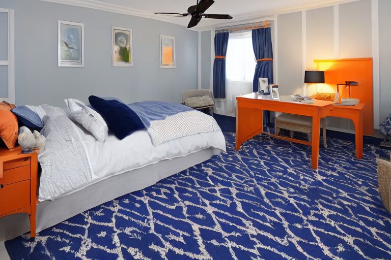 a 10 by 11 foot old bed room with blue grey criss cross patterned walls, white ceiling, navy blue carpet, a small bed, desk, two wooden wardrobes, an old TV, and a ceiling fan gives off a dim orange light at night time