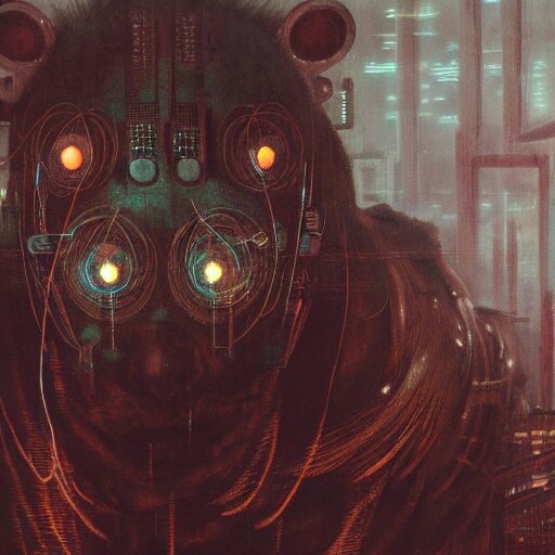 cyberpunk dystopian cyborg hyena, wires and glowing lights, beksinski style, realism 