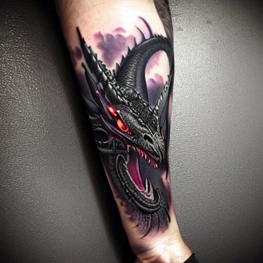 dark and vibrant fantasy dragon!!! drake wyvern, black and emerald dragon!!, forearm tattoo