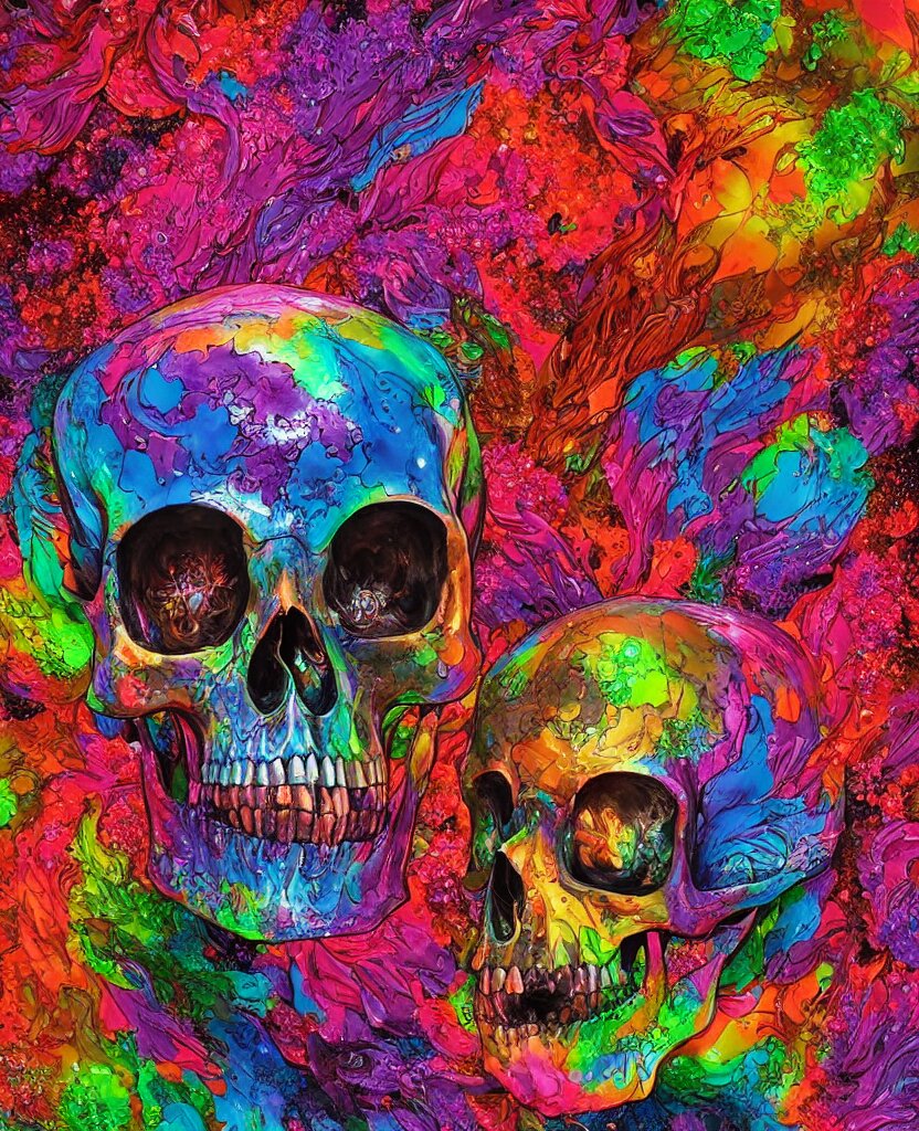 illustration of a colorfull melting human skull. flowers and blossoms, ferrofluids, burning water distortions. intricate abstract. intricate artwork. by tooth wu, wlop, beeple, dan mumford. octane render, trending on artstation, greg rutkowski very coherent symmetrical artwork. cinematic, hyper realism, high detail, octane render, 8 k, depth of field, bokeh. iridescent accents 